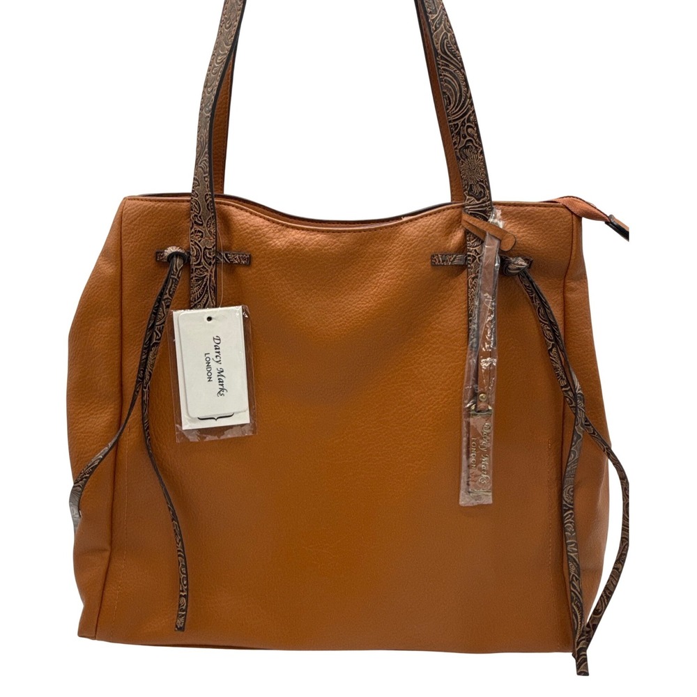 Darcy Marks London Cognac Brown Pebbled Vegan Leather Paisley Trim Tote Bag NEW